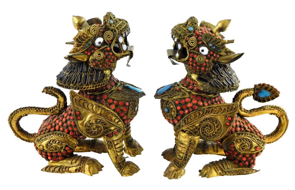 ASIAN: PAIR OF BRASS FILIGREE FOO