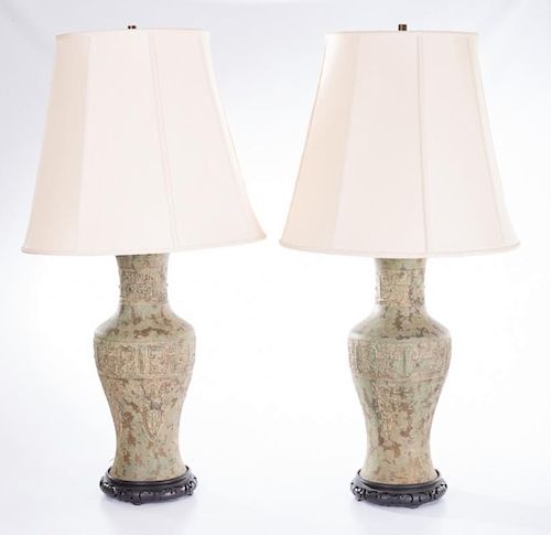 ASIAN PATINATED METAL VASE LAMPS