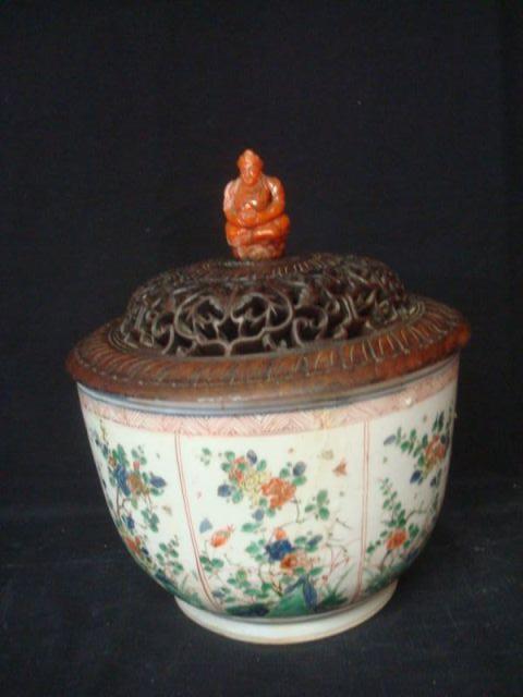 Asian Porcelain Bowl with Wood Lid.