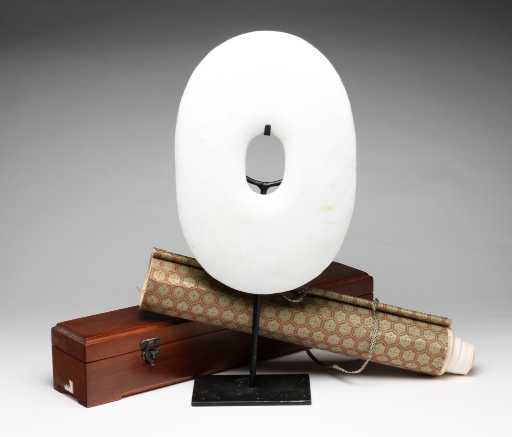 ASIAN STONE DISK AND SCROLL.