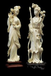 ASIAN: TWO CARVED IVORY MAIDEN