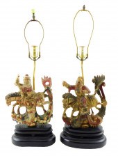 ASIAN: TWO CARVED WOOD AND POL