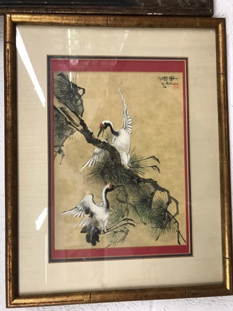 Asian watercolor birds in a tree,