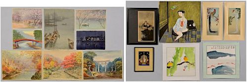 ASIAN WATERCOLORS & SCROLL