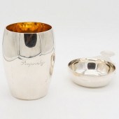 ASPREY SILVER TUMBLER AND AN E