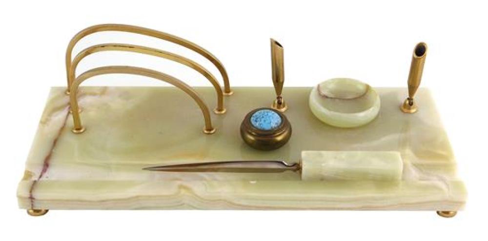 ASSEMBLED GREEN ONYX DESK SET,