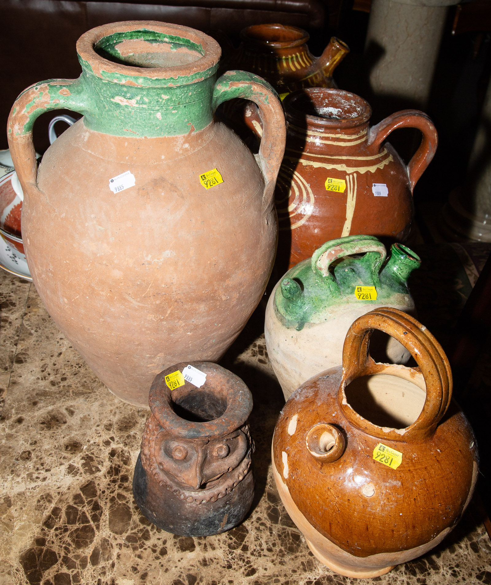 ASSORTED POTTERY JUGS; OWL
