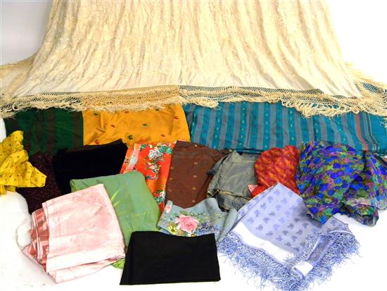 Assorted silks  fabrics  and shawl: