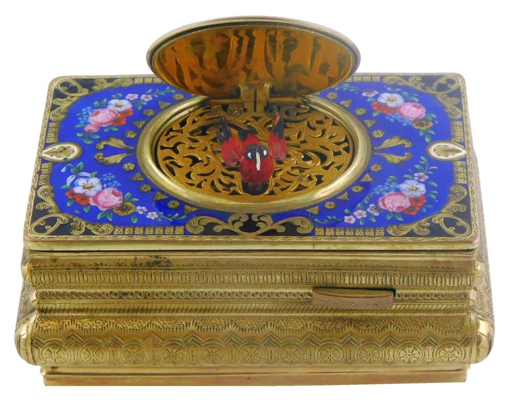 AUTOMATON ENAMEL AND GILT MUSICAL