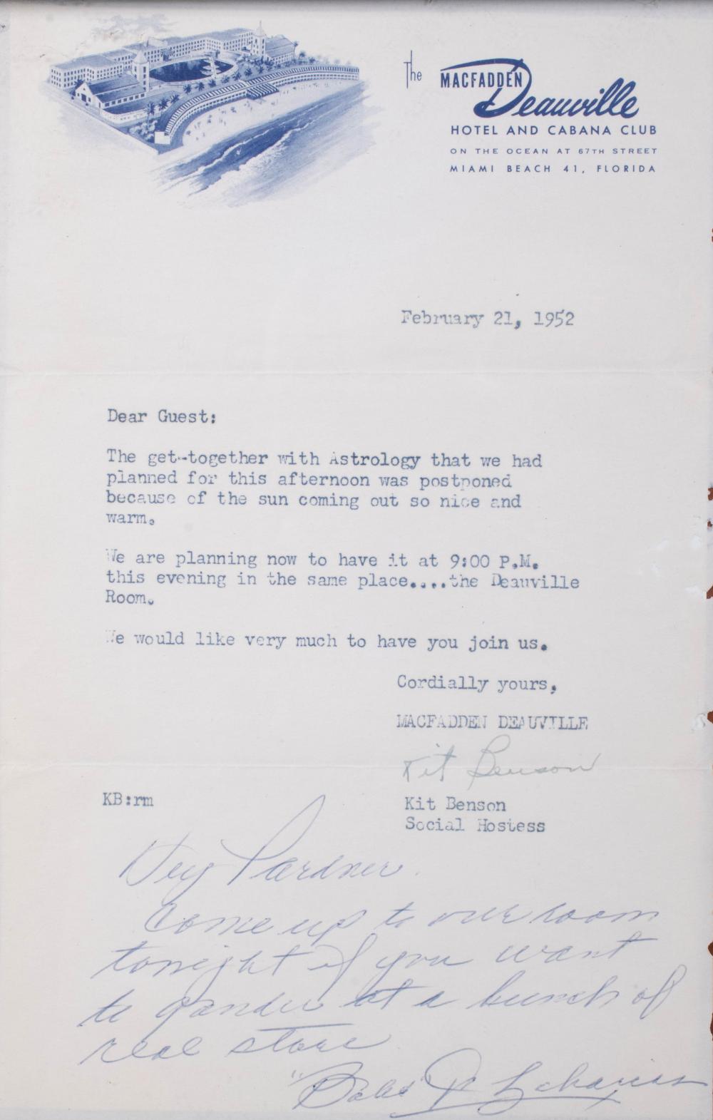 BABE ZAHARIAS. TYPED LETTER WITH