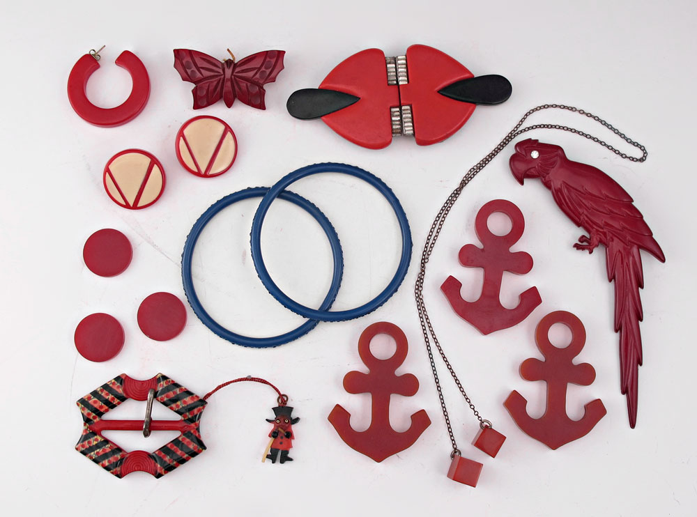 BAKELITE AND RED PLASTIC JEWELRY: