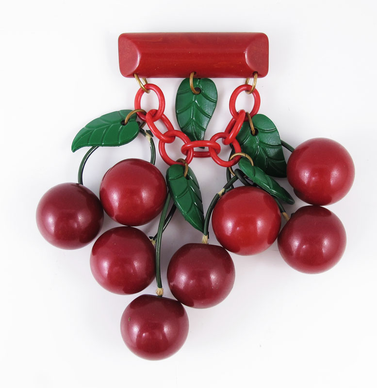 BAKELITE RED CHERRY BROOCH: Bar pin