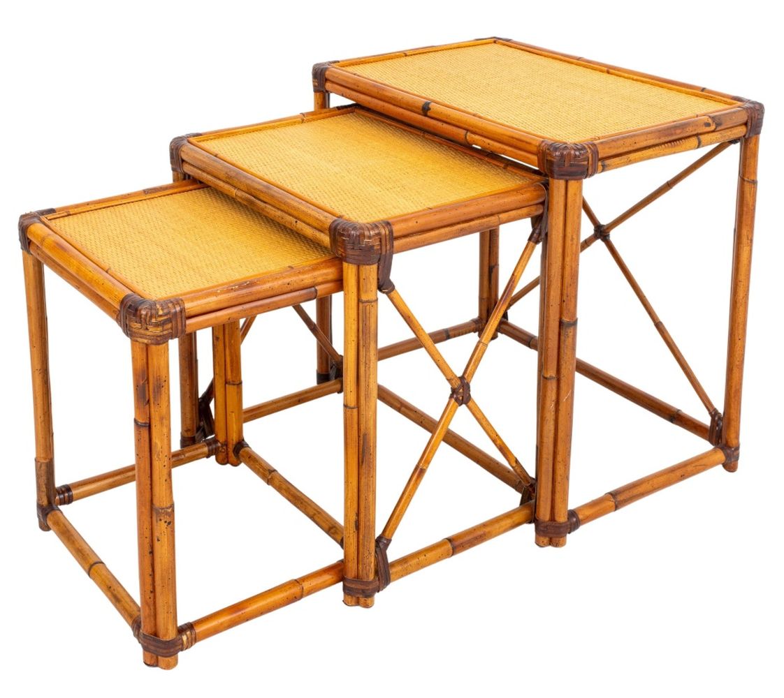 BAMBOO AND RATTAN NESTING TABLES, 3