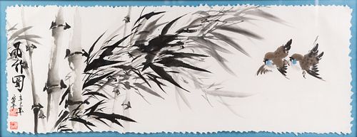 BAMBOO AND SPARROWS WC ON PAPER