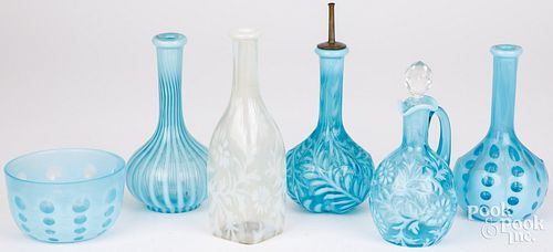 BARBER BOTTLES, ETC.Four blue and
