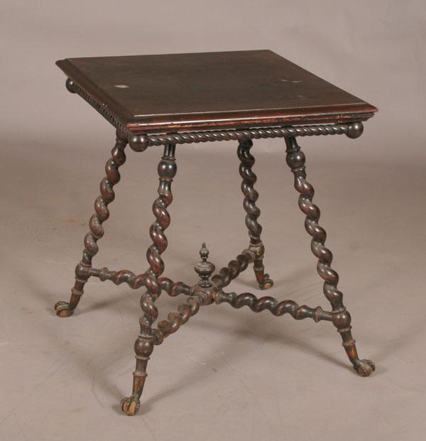 Barley twist lamp table; brass claw