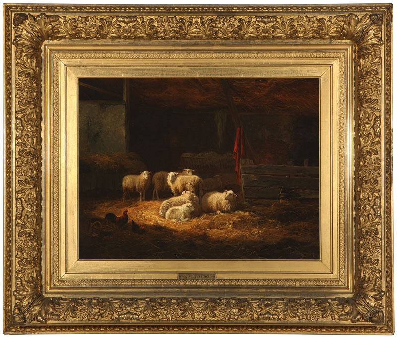 Barn interior with sheep and