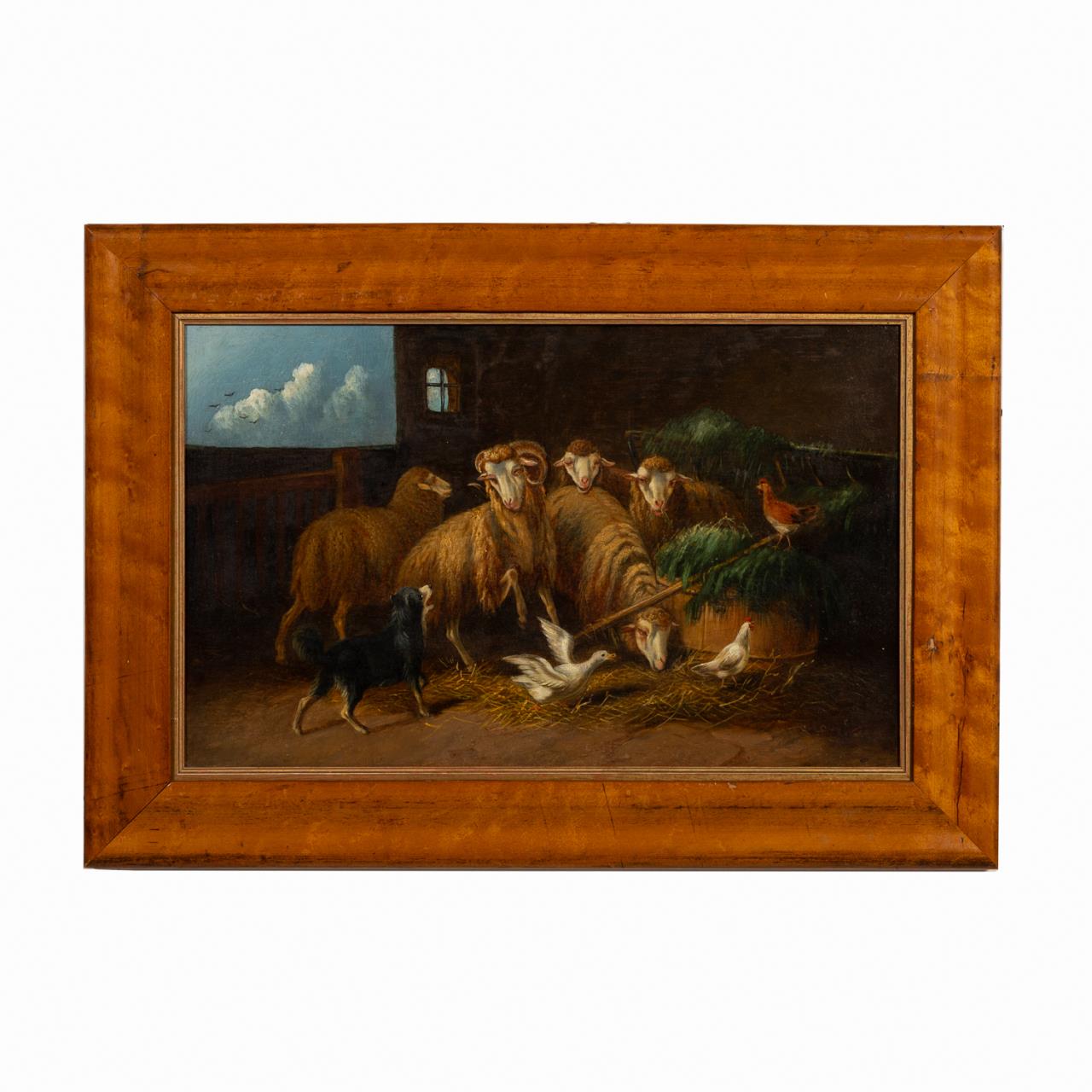 BARNYARD WITH RAMS & DOG, O/C,