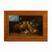 BARNYARD WITH RAMS & DOG, O/C,