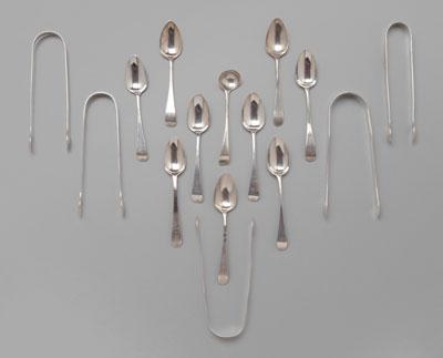 Bateman silver spoons, tongs, all