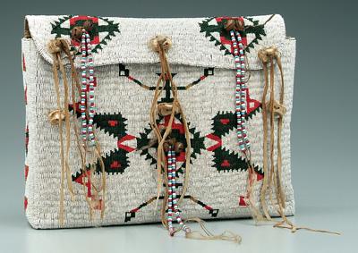 Beaded leather bag, sinew sewn,