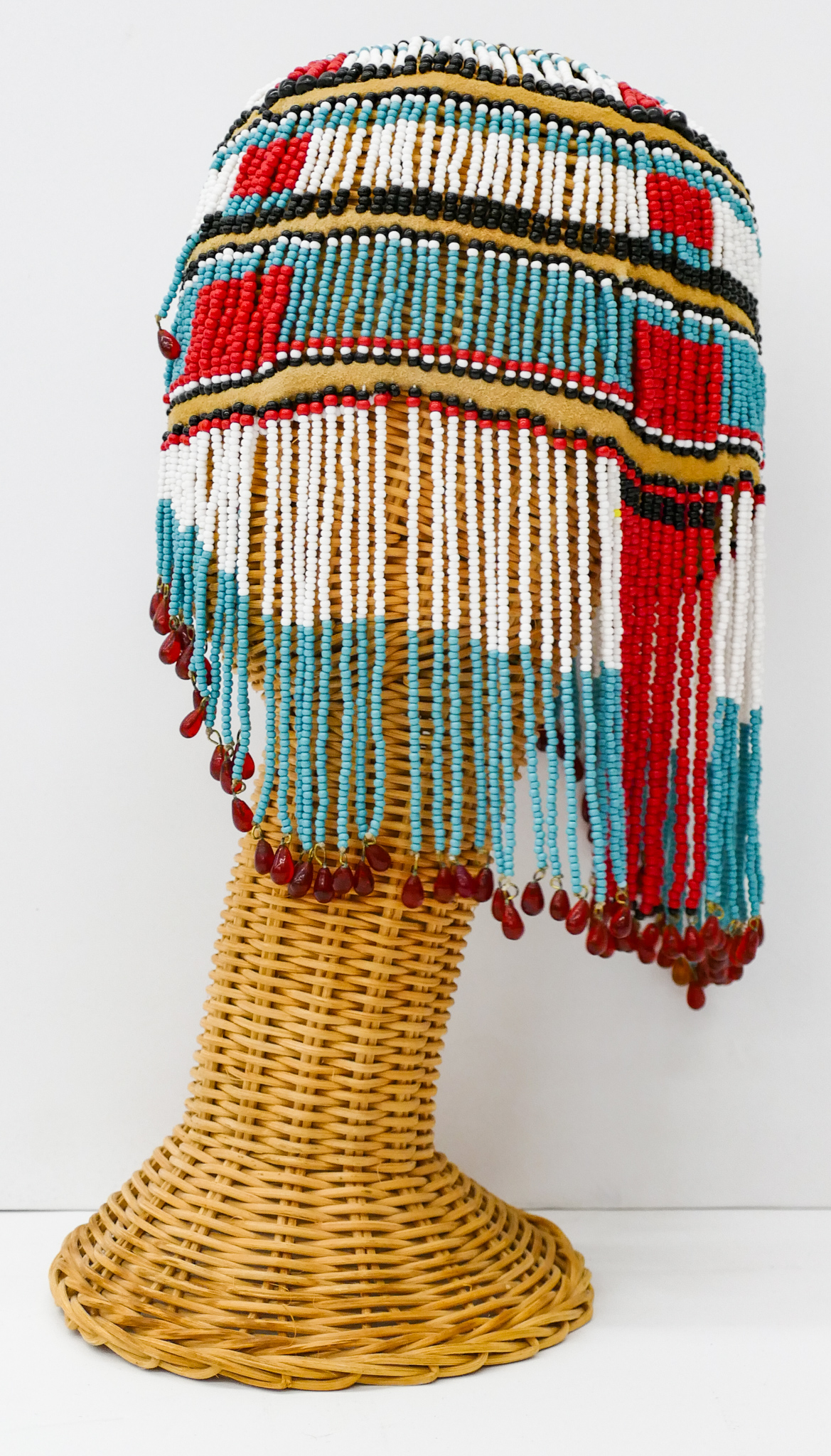 Beaded Native Hat on Wicker Stand