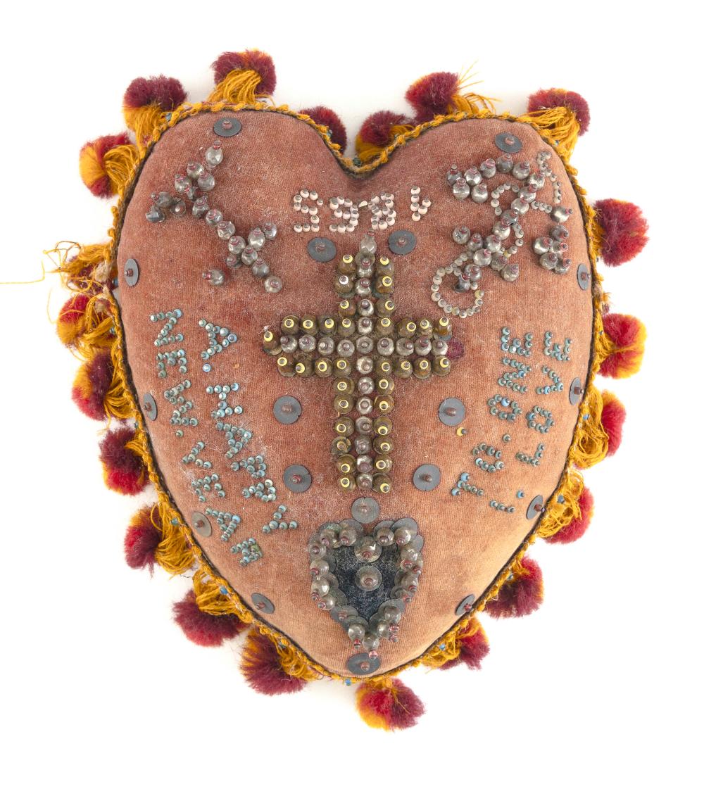 BEADWORK HEART-SHAPED CUSHION DATED