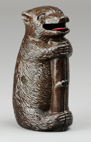 BEAR & TREE STUMP MECHANICAL BANK