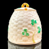BELLEEK CERAMIC HONEY POT AND