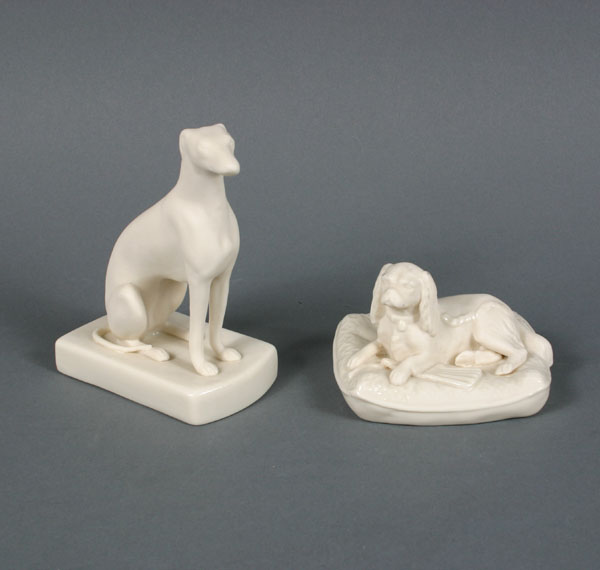 Belleek porcelain dogs; seated