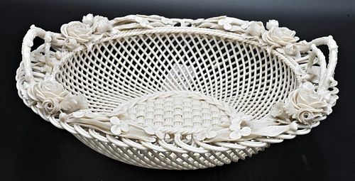 BELLEEK PORCELAIN HANDLED BASKET,