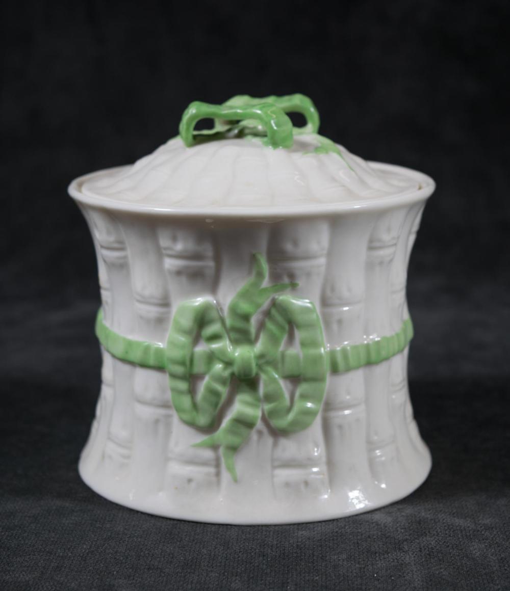 BELLEEK PORCELAIN RIBBON JAM POT,