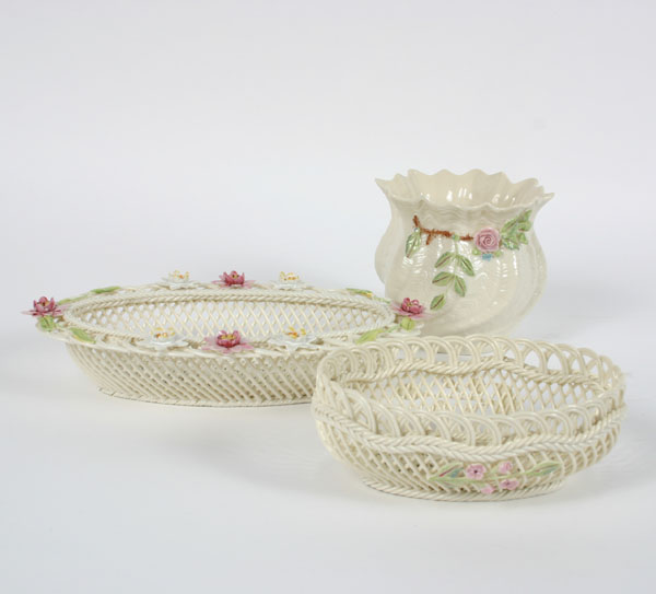 Belleek porcelain vase and two open