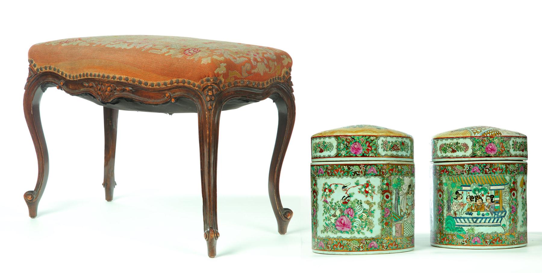 BENCH AND PAIR OF CANISTERS. 
