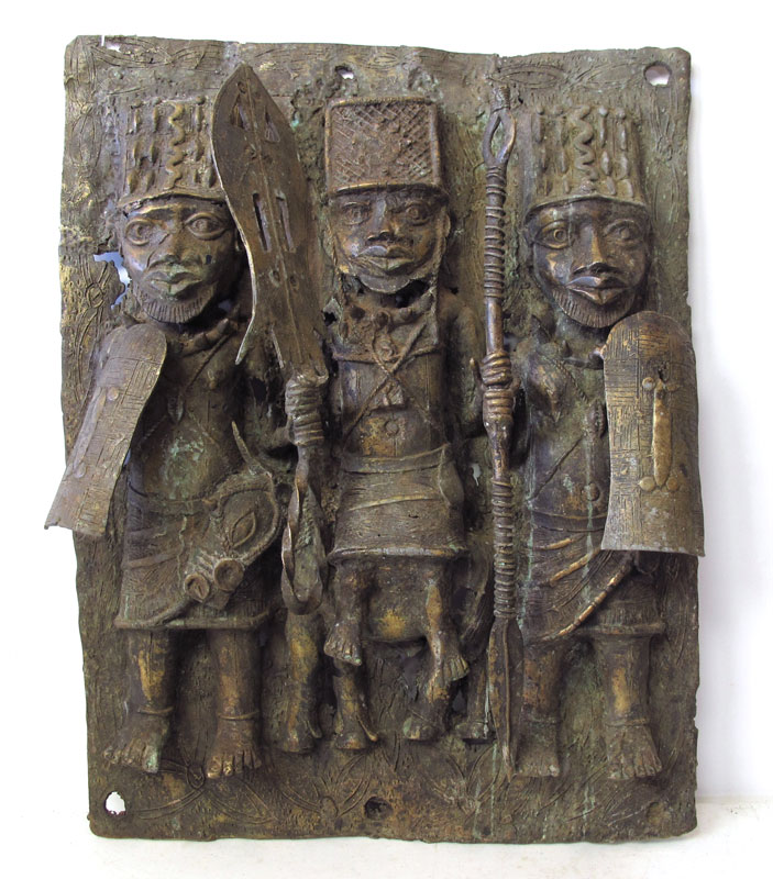 BENIN AFRICAN BRONZE FIGURAL PLAQUE