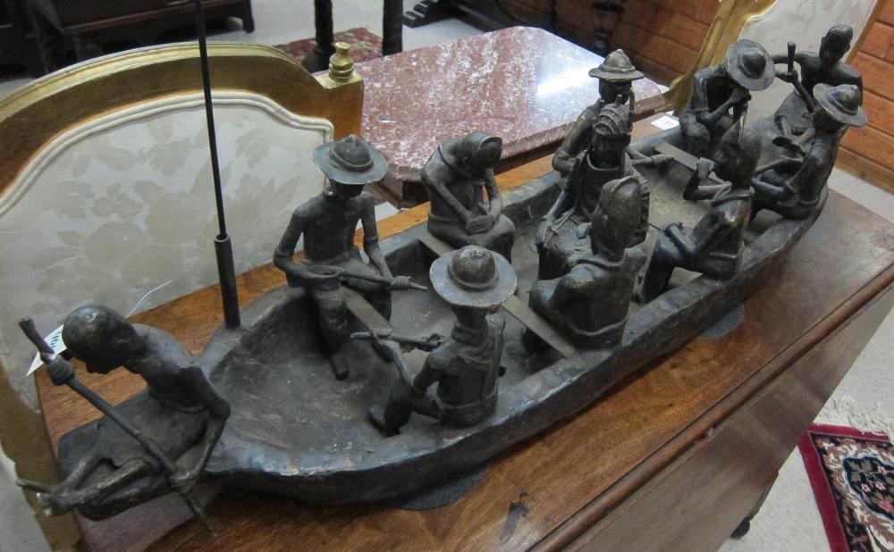 BENIN BRONZE BOAT SCULPTURE,