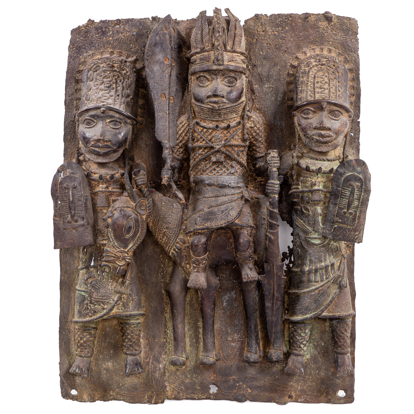 BENIN STYLE BRONZE FIGURAL RELIEF