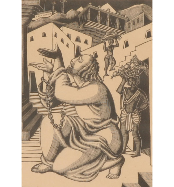 Biblical religious scene; linocut