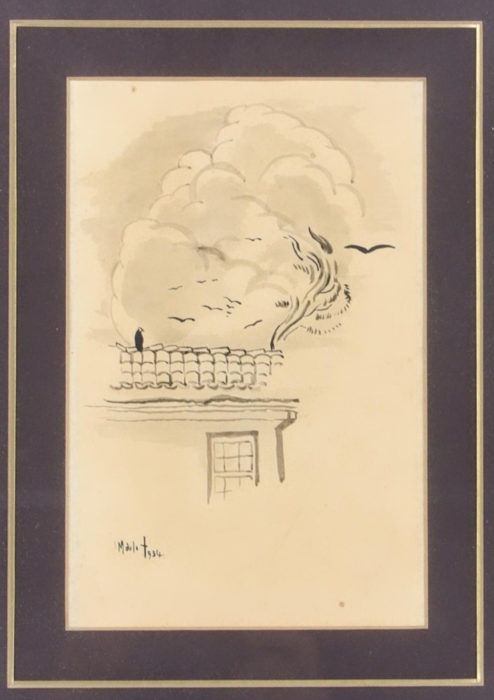 BIRD ON A ROOFTOP, 1934, WATERCOLOR