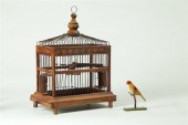 BIRDCAGE WITH CARVED BIRD.  Am