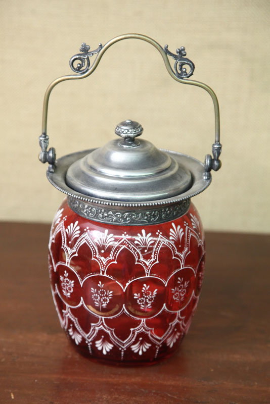 BISCUIT JAR. Cranberry glass having