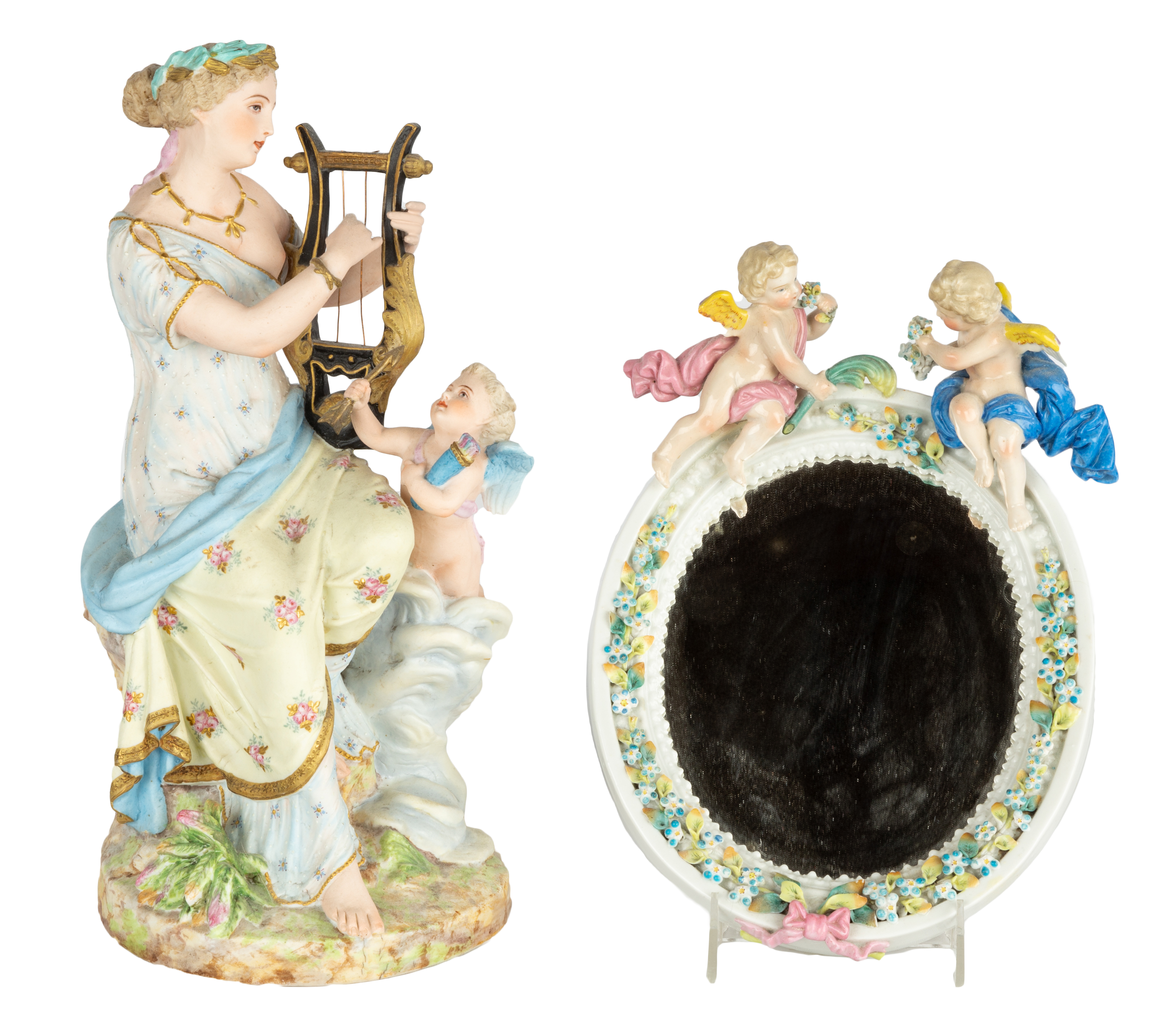BISQUE LADY WITH HARP AND CHERUBS