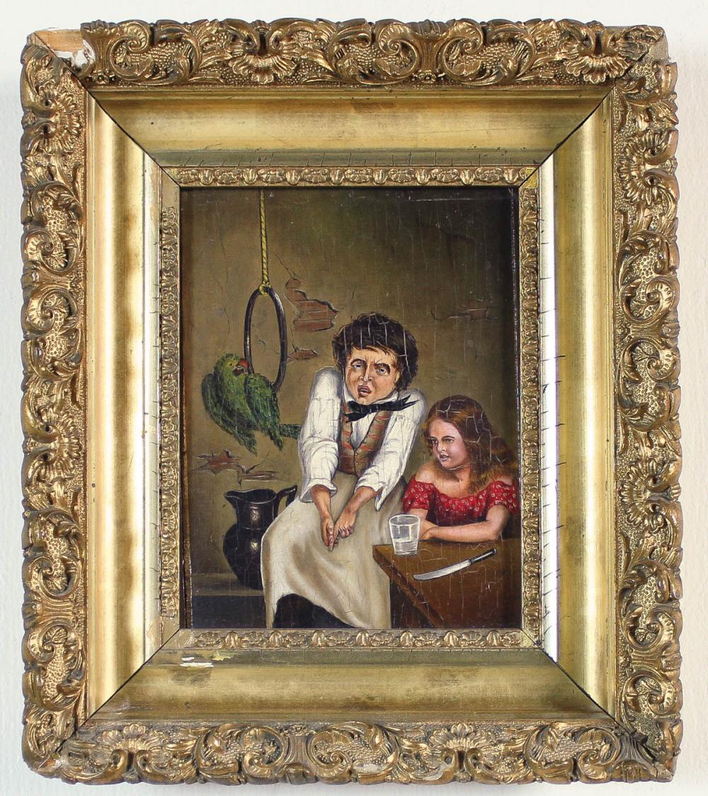 "BITTEN" OIL ON BOARD, MAN
