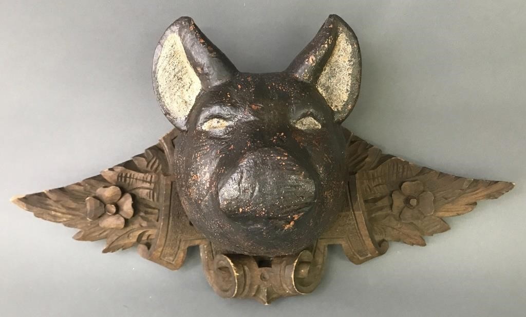 Black Forest style carved pig head,