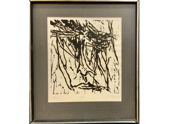 Black ink abstract woodblock print,