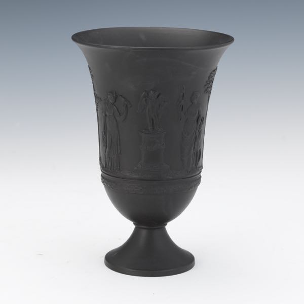 BLACK JASPERWARE FOOTED VASE 7 ¼" x