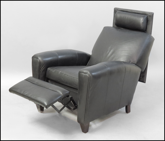 BLACK LEATHER RECLINING CLUB CHAIR.
