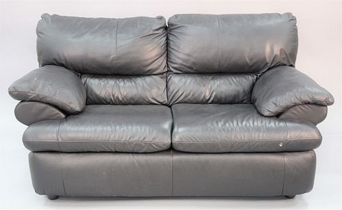 BLACK LEATHER TWO-CUSHION LOVESEAT,