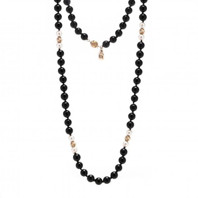 BLACK ONYX, PEARL, AND GOLD BEAD