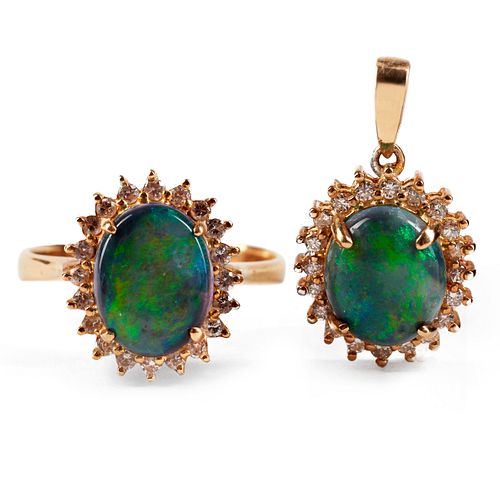 BLACK OPAL & DIAMOND RING &